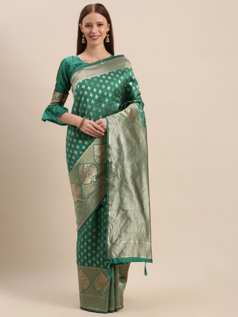 

Mitera Green Silk Blend Woven Design Kanjeevaram Saree