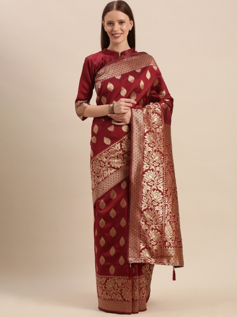 

Mitera Maroon & Gold-Toned Silk Blend Woven Design Kanjeevaram Saree