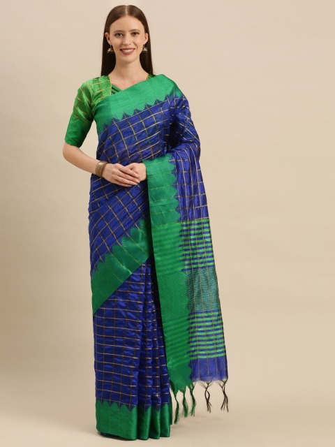 

Mitera Blue & Green Cotton Blend Checked Kanjeevaram Saree