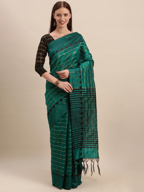 

Mitera Teal Green & Golden Cotton Blend Checked Kanjeevaram Saree