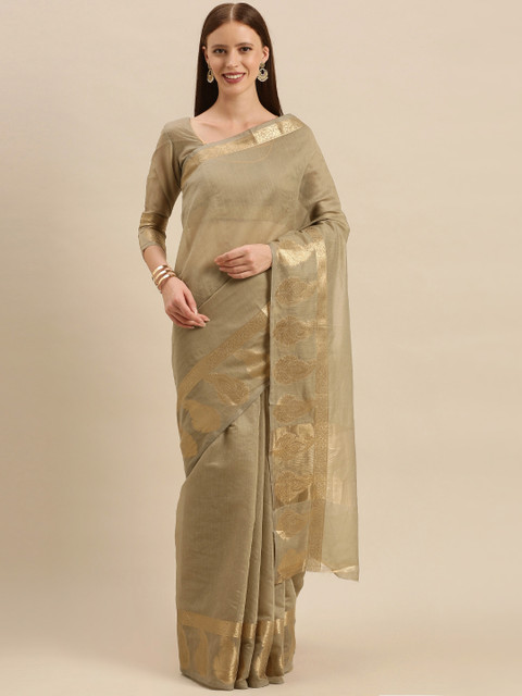 

Mitera Grey & Golden Cotton Blend Solid Kanjeevaram Saree