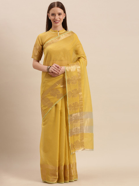 

Mitera Yellow Cotton Blend Solid Kanjeevaram Saree