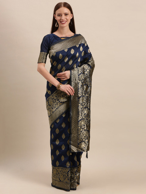 

Mitera Navy Blue & Golden Silk Blend Woven Design Kanjeevaram Saree