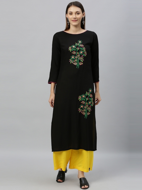 

Globon Impex Women Black & Green Floral, Embroidered Straight Kurta