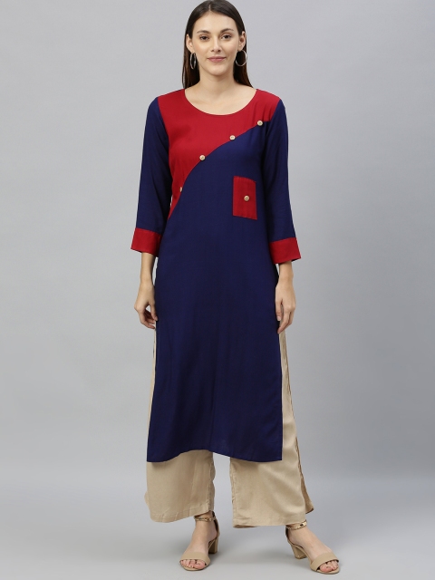 

Globon Impex Women Navy Blue & Red Colourblocked Straight Kurta