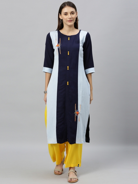 

Globon Impex Women Navy Blue Colourblocked Straight Kurta