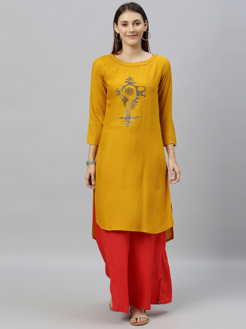 

Globon Impex Women Mustard & Brown Floral Printed Straight Kurta