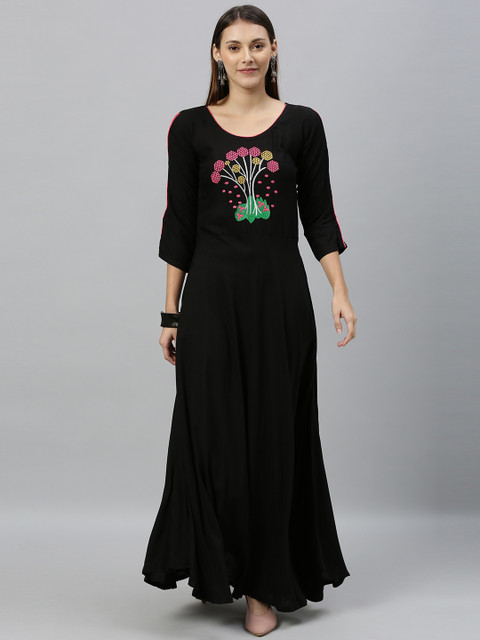 

Globon Impex Women Black and Multi Colour Embroidered A-Line Dress