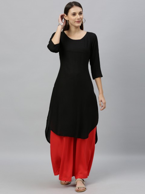 

Globon Impex Women Black Solid Straight High Low Kurta