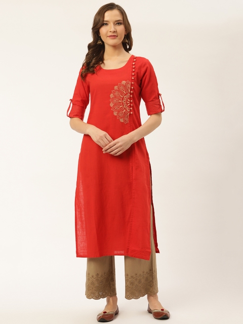

fabGLOBAL Women Red & Beige Yoke Design Straight Kurta