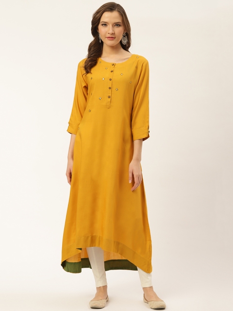 

fabGLOBAL Women Mustard Yellow Mirror Work Yoke Design A-Line Kurta