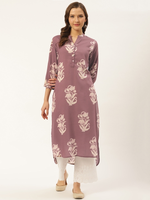 

fabGLOBAL Women Mauve & Off-White Printed Straight Kurta