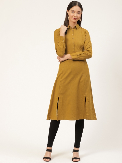 

fabGLOBAL Women Mustard Brown Solid A-Line Tunic