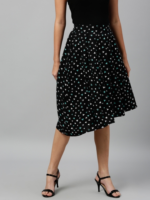 

SCOUP Women Black & Turquoise Blue Printed Pleated A-Line Skirt