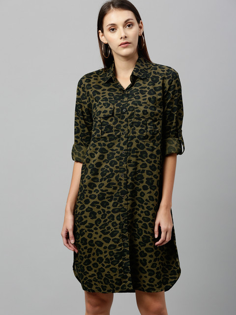 

SCOUP Women Olive Green & Black Animal Printed Shirt Dress