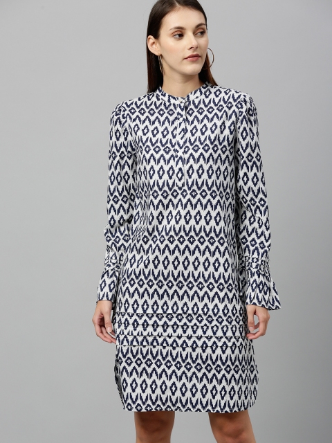 

SCOUP Women White & Navy Blue Printed A-Line Dress