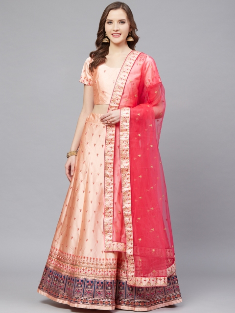 

Mitera Peach-Coloured & Coral Embroidered Semi-Stitched Lehenga & Unstitched Blouse with Dupatta
