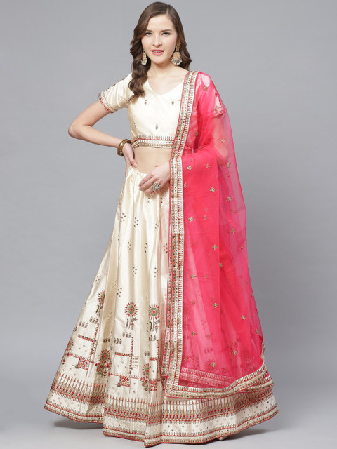 

Mitera Off-White & Pink Embroidered Semi-Stitched Lehenga & Unstitched Blouse with Dupatta