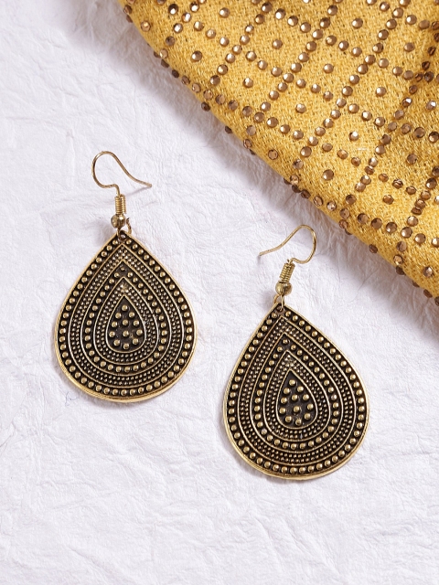 

ToniQ Gold-Toned Antique Teardrop Shaped Drop Earrings