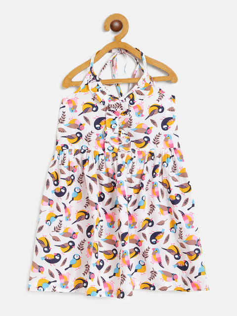 

pspeaches Girls White & Pink Bird Print A-Line Dress