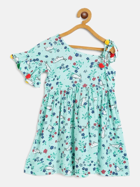 

pspeaches Girls Green & Blue Floral Print One Shoulder A-line Dress