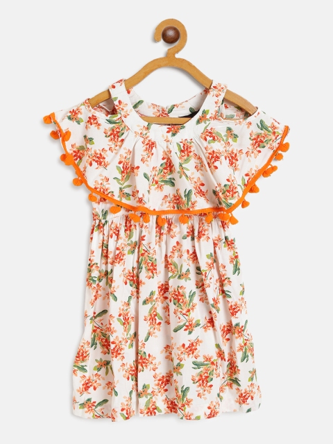 

pspeaches Girls White & Orange Floral Printed A-Line Dress