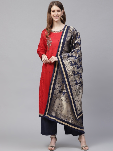 

Ishin Women Red & Navy Blue Embroidered Kurta with Palazzos & Dupatta