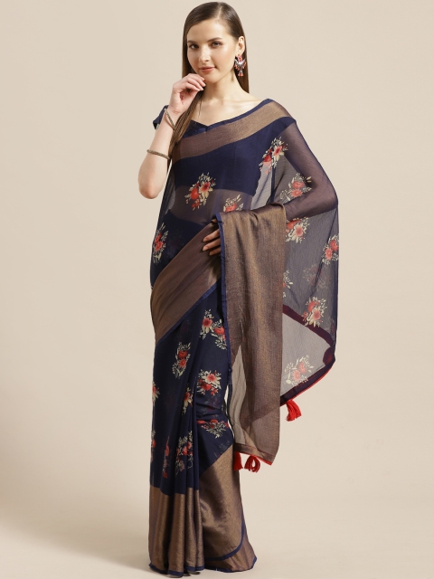 

Mitera Navy Blue & Red Floral Print Saree