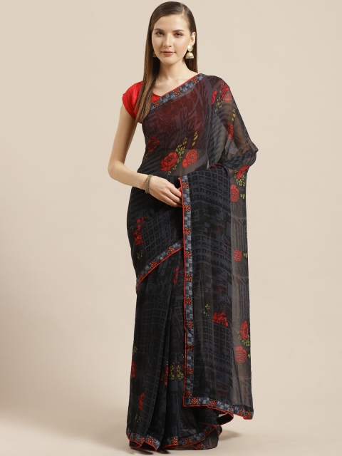 

Mitera Charcoal Grey & Red Printed Saree