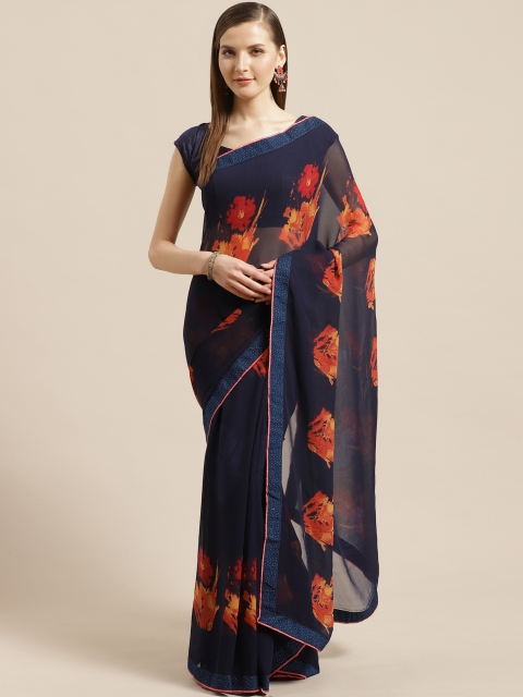 

Mitera Navy Blue & Orange Floral Print Saree