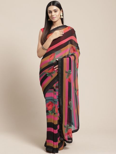 

Mitera Pink & Black Striped with Floral Print Detail Saree