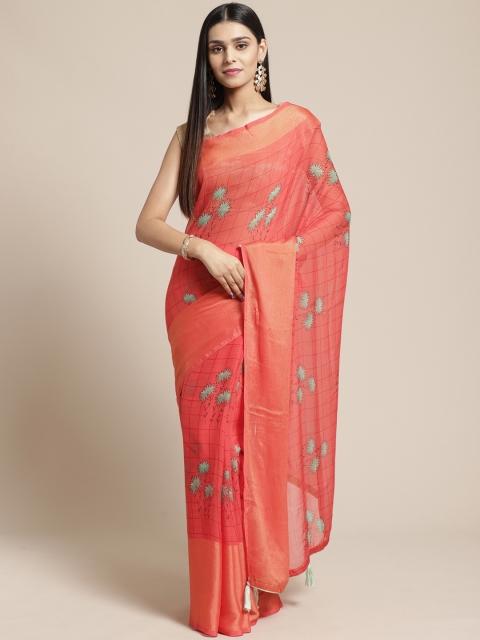 

Mitera Red & Green Checked With Floral Printed Saree