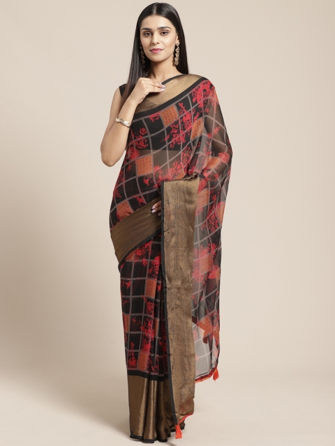 

Mitera Black & Red Floral Printed Saree