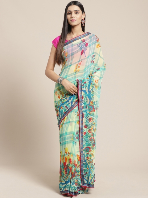 

Mitera Yellow & Sea Green Checked With Floral Saree
