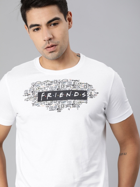 

FRIENDS by Huetrap Men White Printed Round Neck Pure Cotton T-shirt