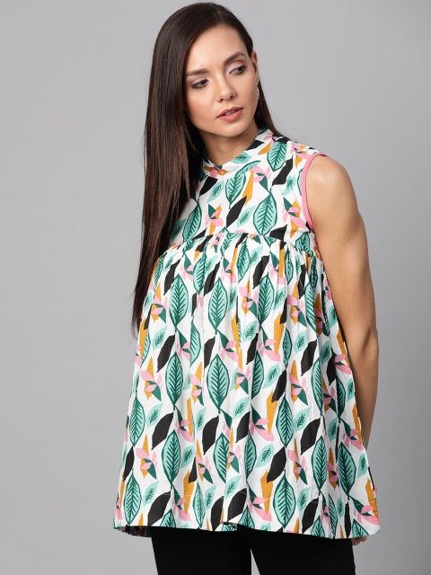 

Sangria Women White & Sea Green Pleated Leaf Printed A-Line Pure Cotton Top