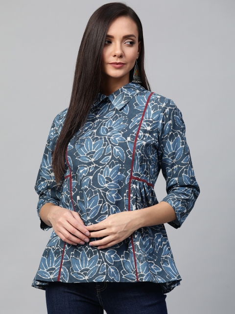 

Sangria Women Navy Blue Printed A-Line Pure Cotton Top