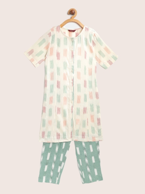 

Sangria Girls Off-White & Green Self Design Kurta with Trousers