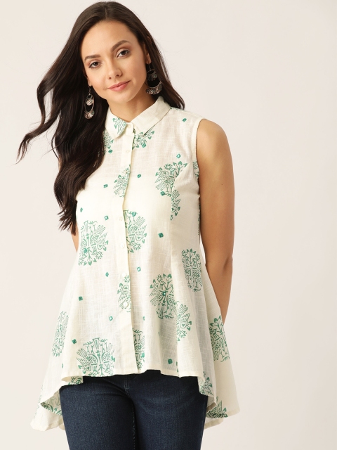 

Sangria Women Off-White & Green Mirror Work Ethnic Regular Fit Printed High-Low Shirt