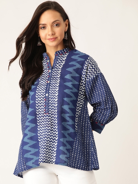 

Sangria Women Blue Printed Pure Cotton Top