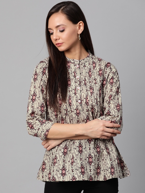 

Sangria Women Grey & Off-White Pleated Ethnic Printed Shirt Style Pure Cotton Top
