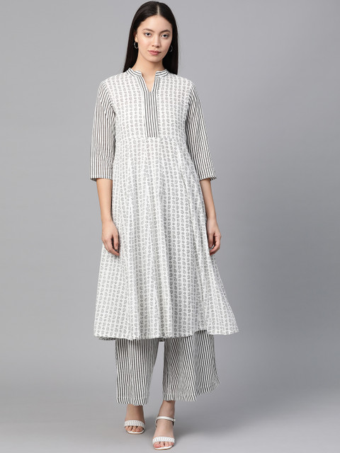 

Sangria Women White & Black Paisley Printed Anarkali Kurta with Palazzos