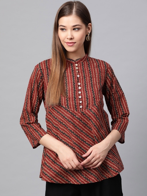 

Sangria Women Rust Red & Black Printed Waist tie-Up A-Line Pure Cotton Top