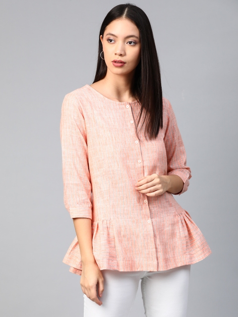 

Sangria Women Peach-Coloured & Teal Green Self-Striped A-Line Pure Cotton Top