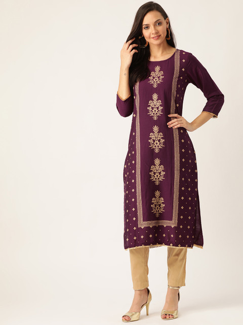 

Sangria Women Purple & Beige Printed Kurta with Trousers