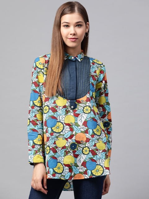 

Sangria Women Blue & Yellow Printed Longline High-Low Shirt Style Pure Cotton Top