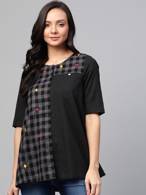 

Sangria Women Black & Charcoal Grey Checked Pure Cotton Top
