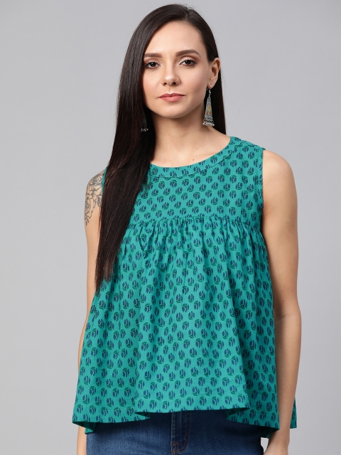 

Sangria Women Green & Blue Indie Floral Printed Flared A-Line Pure Cotton Top