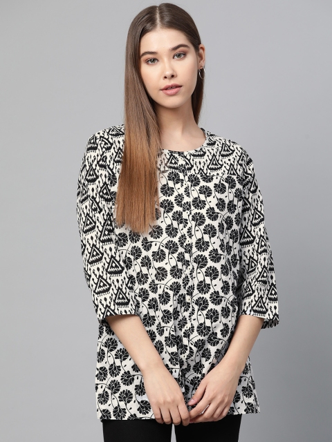 

Sangria Women White & Black Indie Floral Printed Pure Cotton Top