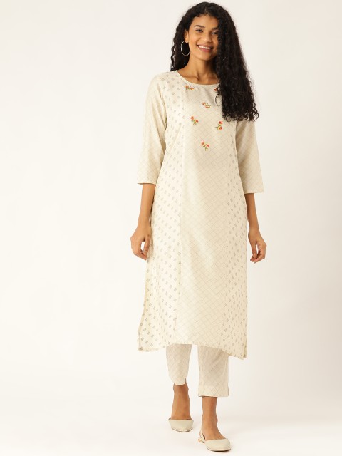

Sangria Women Off-White & Silver Printed Kurta with Trousers
